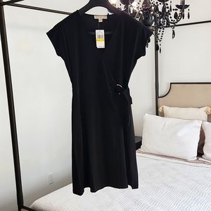 Michael Kors Black Half wrap Dress with gold ring tie detail.  Size M  NWT